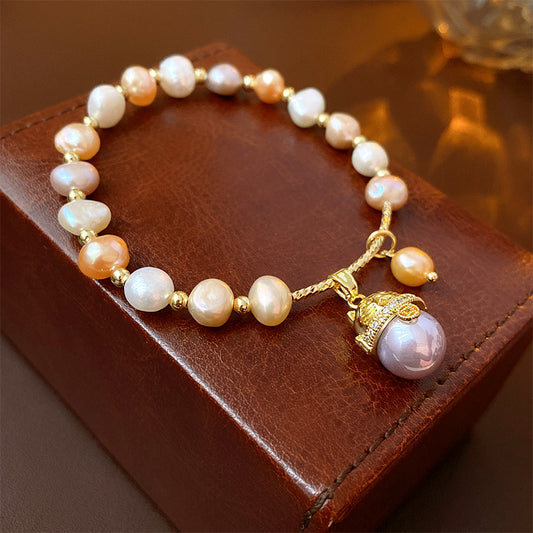 Zircon Fortune Cat Pearl Bracelet with French Niche Design