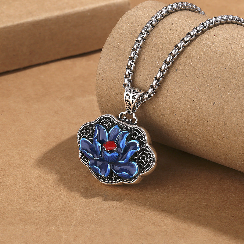 Vintage Blue Enamel Heart Sutra Lotus Necklace