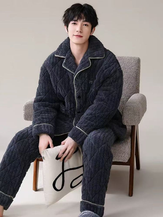 Men's winter sleepwear with coral fleece and thickened three-layer cotton jacket for warmth and home wear