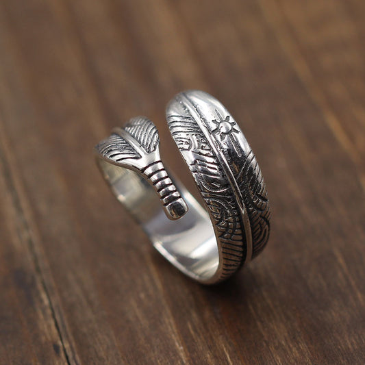 Personalized Retro Thai Silver Feather Open Ring for Men