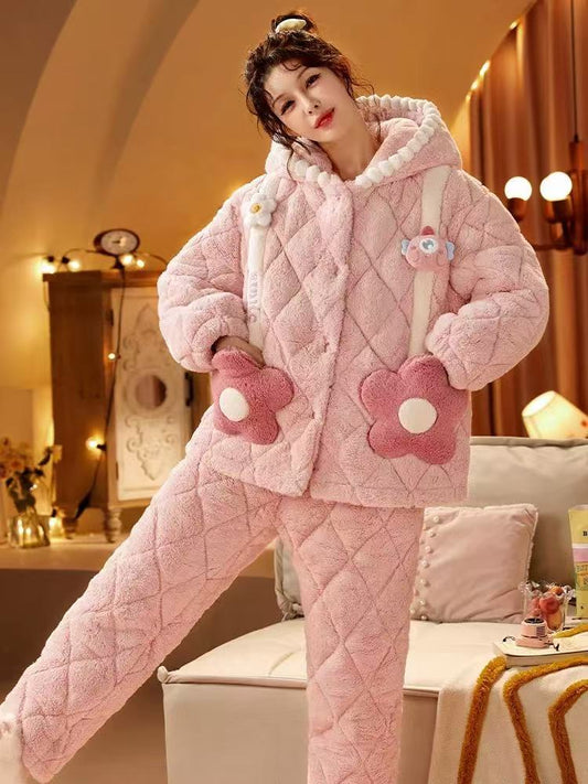 Autumn and winter plus plush thick cartoon hooded flannel suit for home wear