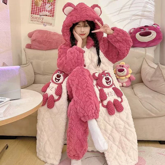 Cute three-layer cotton padded nightgown hooded warm and sweet home outfit set