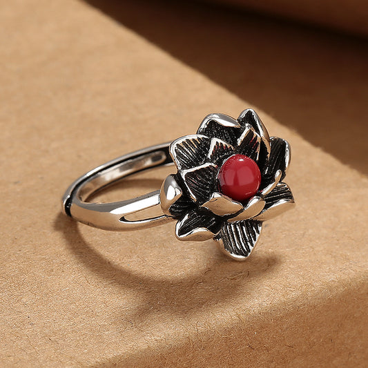 Retro ethnic style southern red lotus flower ring