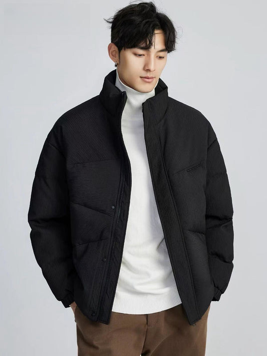 Warm textured down jacket with stand up collar and thick coat