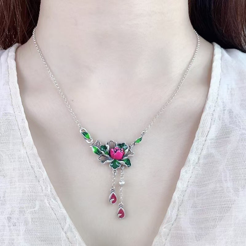 1pc Retro Lotus Tassel Necklace, Glorious and Wealthy Enamel Colored Women's Clavicle Chain