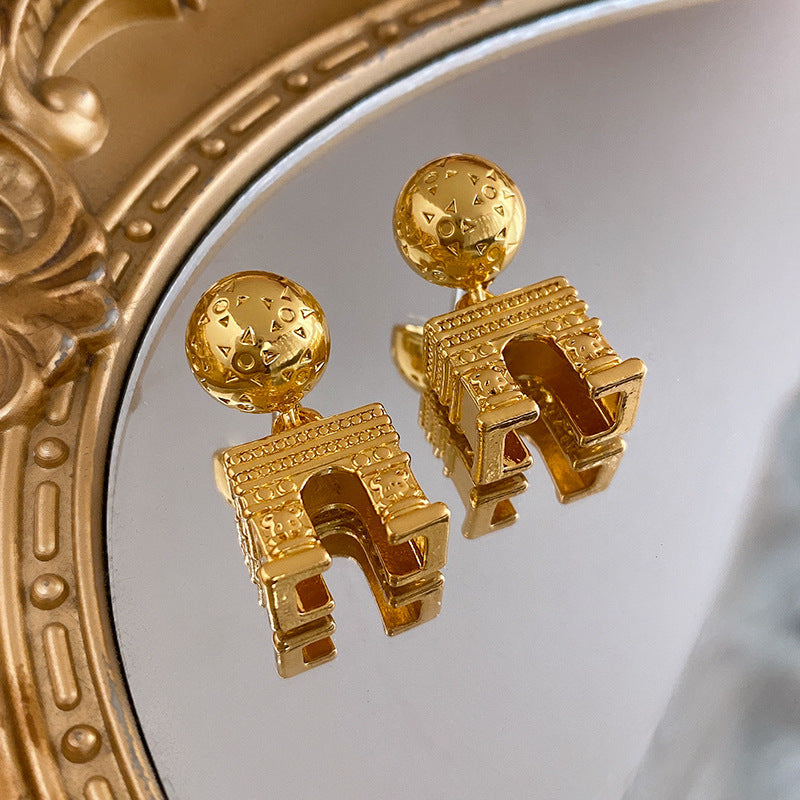 Design sense of retro copper plated earrings for the ancient triumphal arch