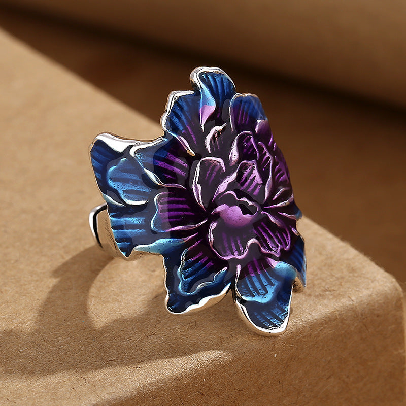 Vintage ethnic style enamel blue peony flower ring