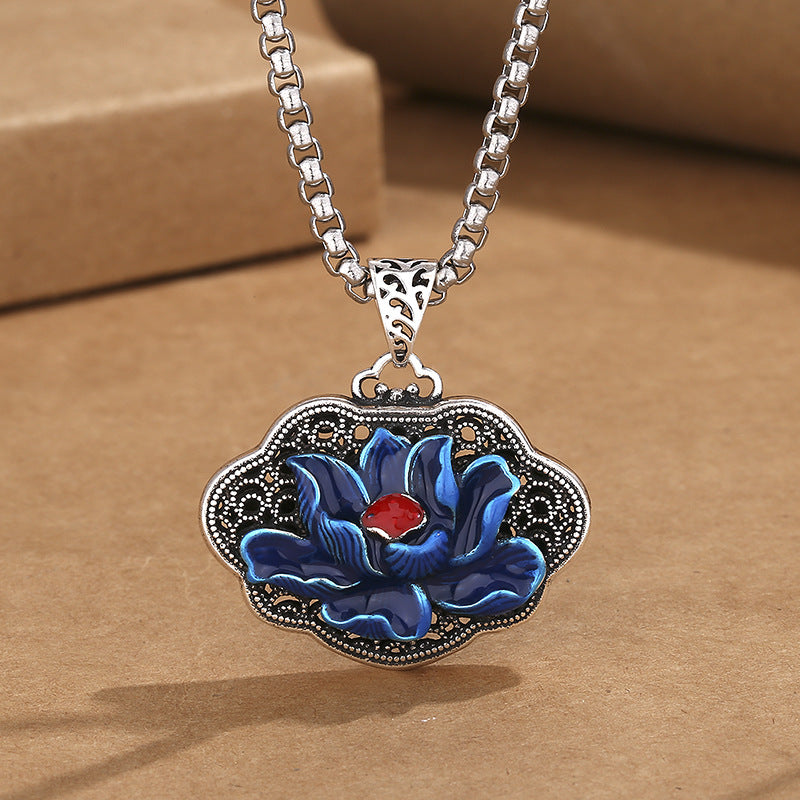 Vintage Blue Enamel Heart Sutra Lotus Necklace