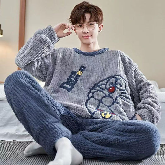 Men's flannel round neck pajamas simple warm home suit set