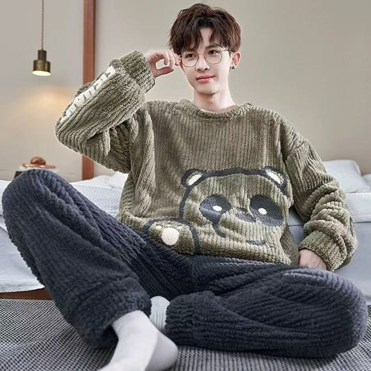 Men's Coral Velvet Pajama Cartoon Simple Warm Home Clothing Set